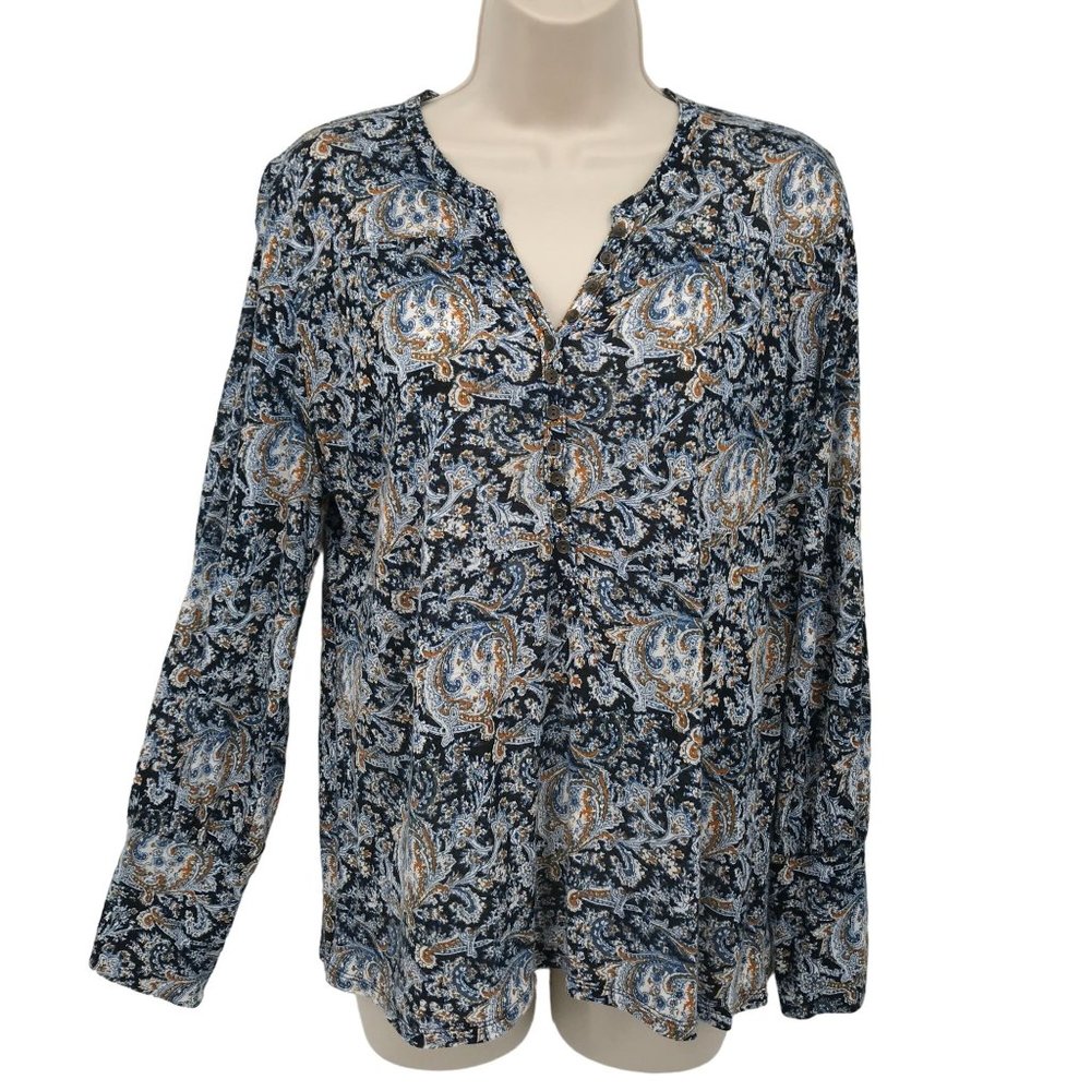 Lucky Brand Womens Blue Paisley Print 1/2 Button Front Long Sleeve Blouse Size S